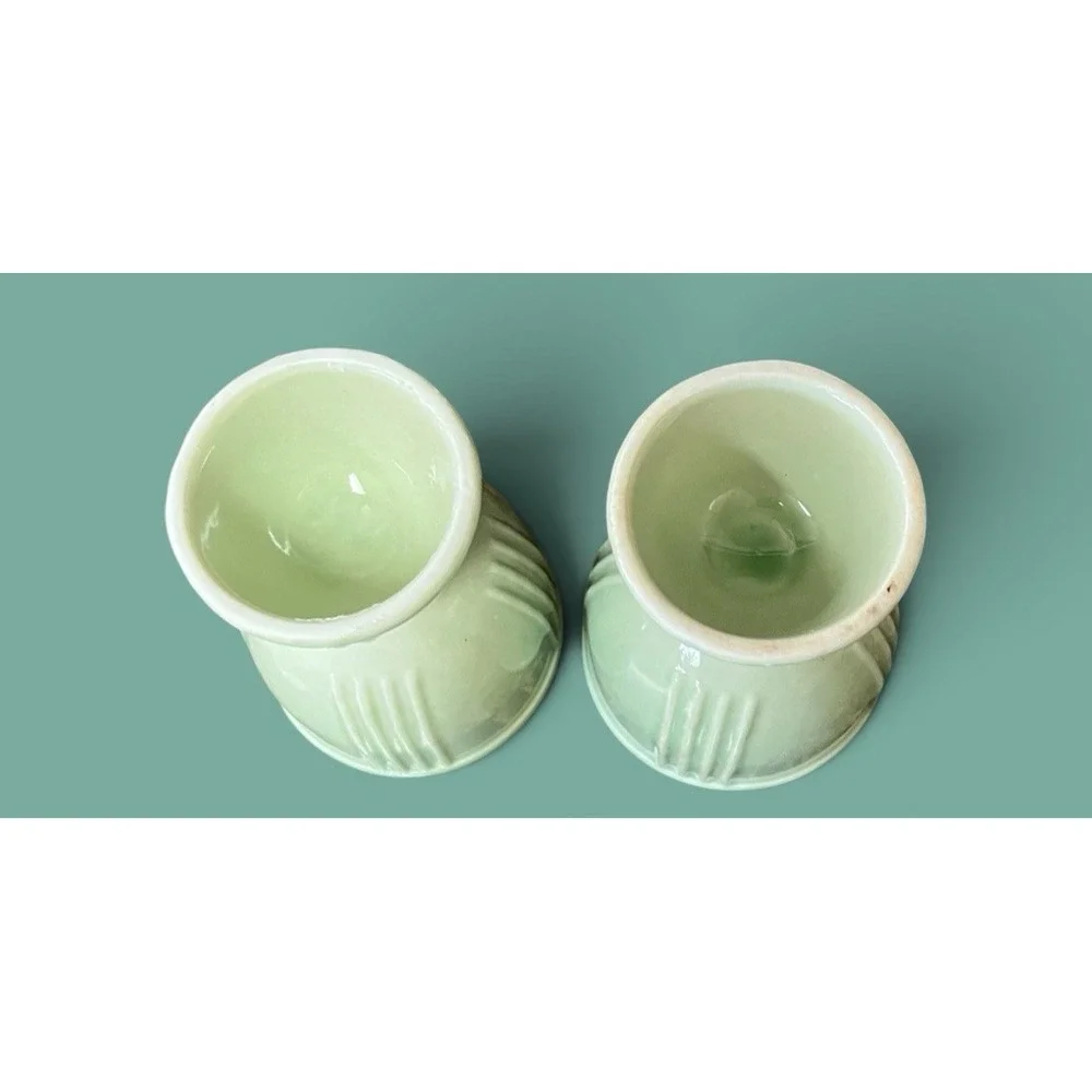 2 Hamkscraft Vintage Porcelain Ceramic Double Egg Cups Ribbed Pastel Green Mint